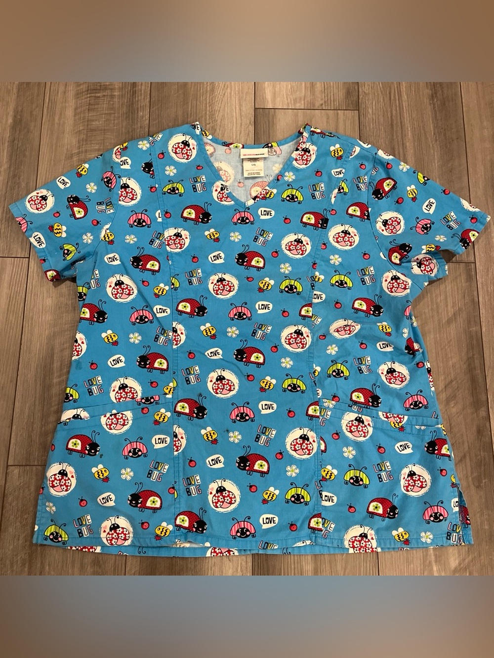 Scrubstar Blue V-Neck Ladybug & Bee Print Scrub Top